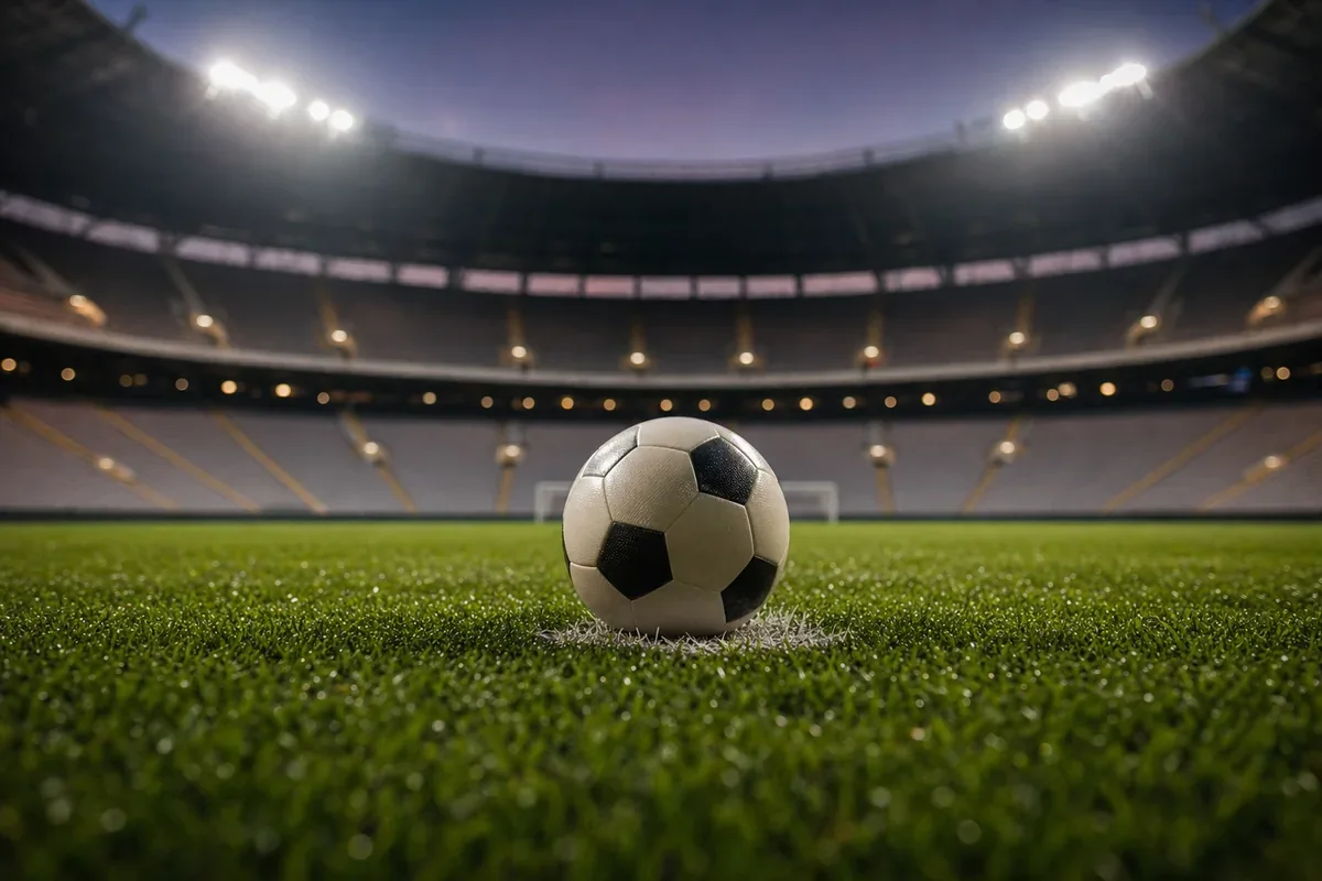 AI – mit künstlicher Intelligenz erzeugtes Bild: Ball auf dem Elfmeterpunkt eines flutlichtbeleuchteten Stadions in der Abenddämmerung