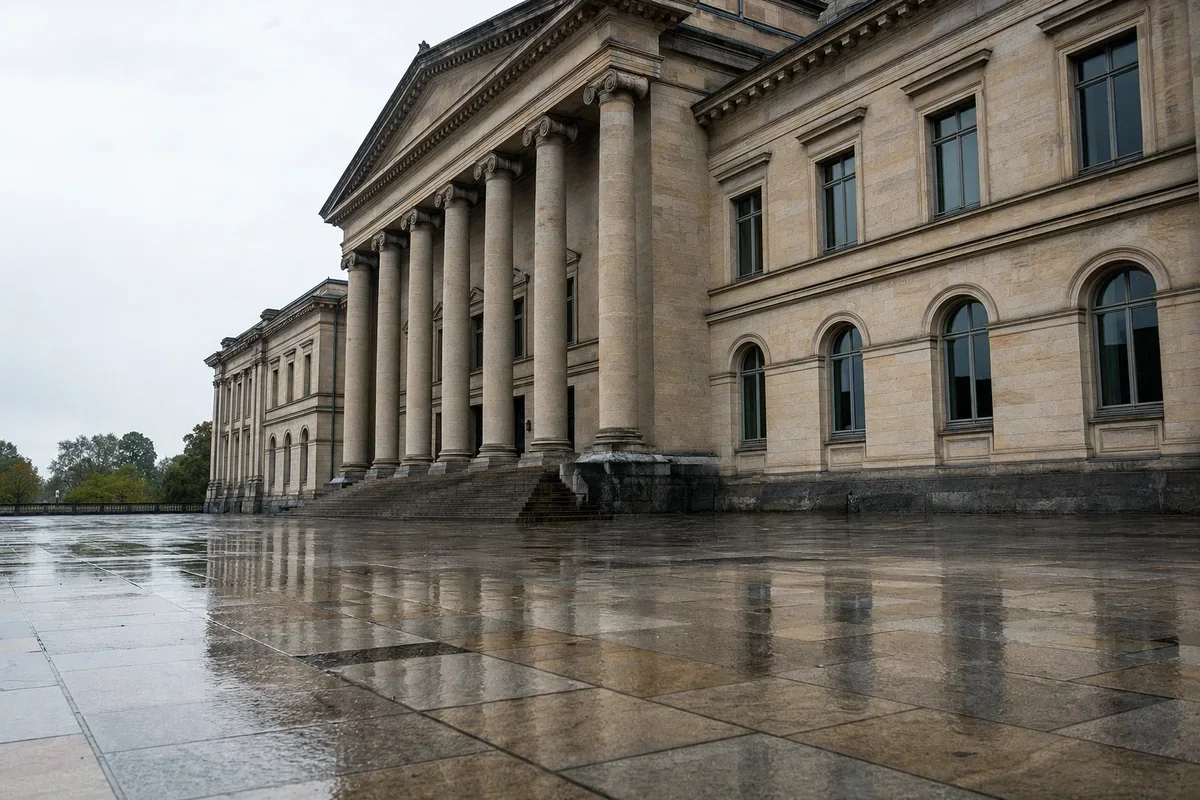 AI – mit künstlicher Intelligenz erzeugtes Bild: Fassade eines klassizistischen Verwaltungsgebäudes an einem bedeckten Morgen