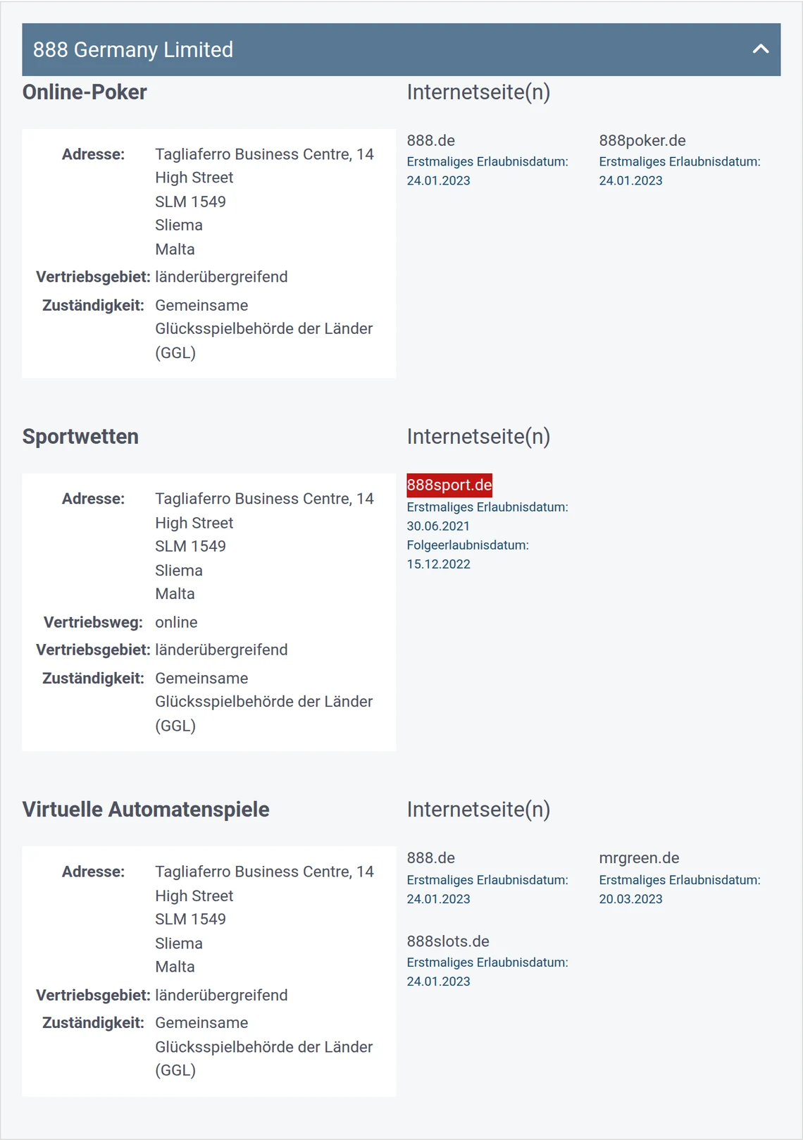 Eintrag von 888sport.de in der Whitelist der GGL: 888 Germany Limited, Kategorie Sportwetten