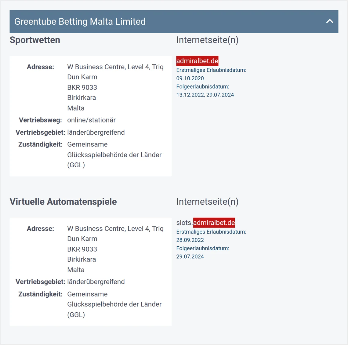 Eintrag von admiralbet.de in der Whitelist der GGL: Greentube Betting Malta Limited, Kategorie Sportwetten