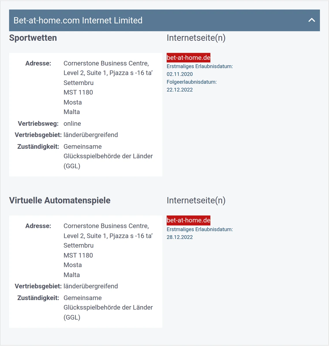 Eintrag von bet-at-home.de in der Whitelist der GGL: Bet-at-home.com Internet Limited, Kategorie Sportwetten
