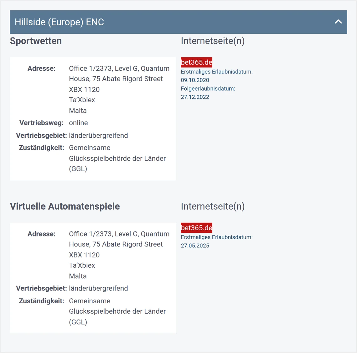 Eintrag von bet365.de in der Whitelist der GGL: Hillside (Europe) ENC, Kategorie Sportwetten