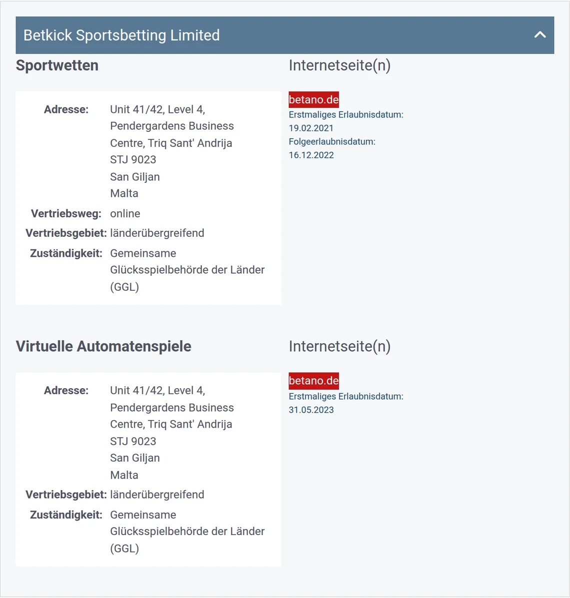 Eintrag von betano.de in der Whitelist der GGL: Betkick Sportsbetting Limited, Kategorie Sportwetten