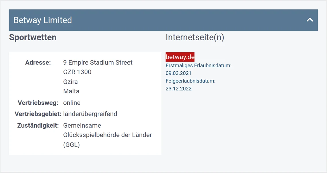 Eintrag von betway.de in der Whitelist der GGL: Betway Limited, Kategorie Sportwetten