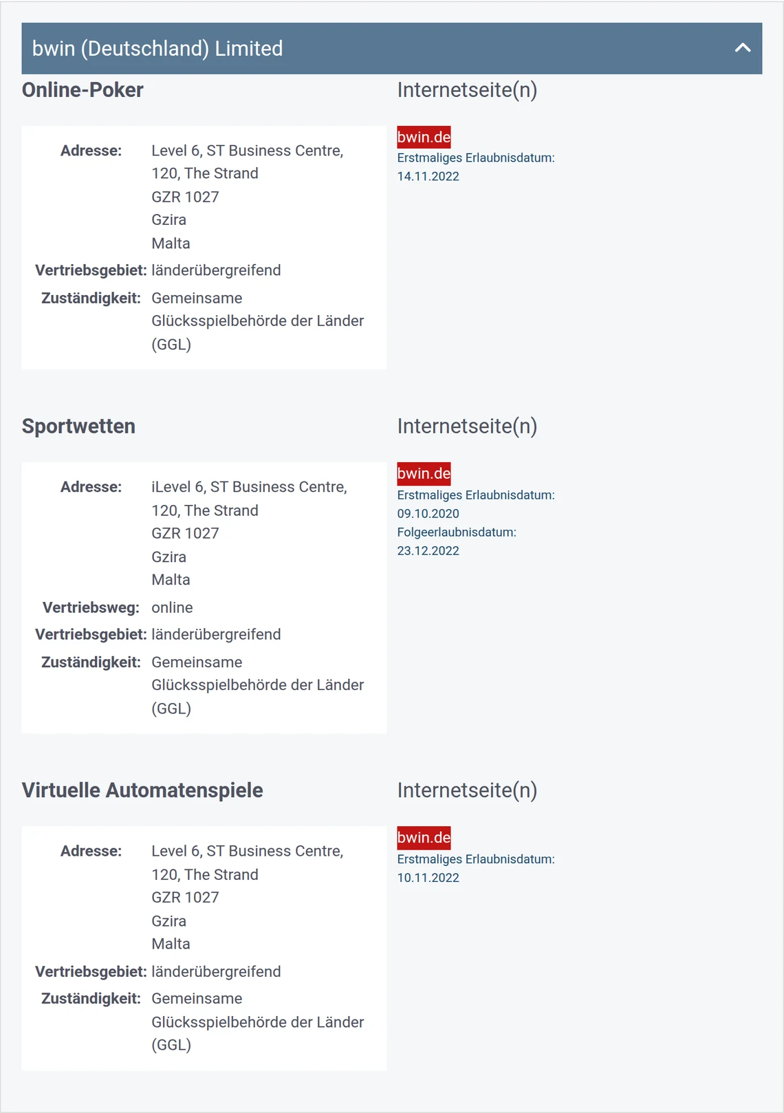Eintrag von bwin.de in der Whitelist der GGL: bwin (Deutschland) Limited, Kategorie Sportwetten