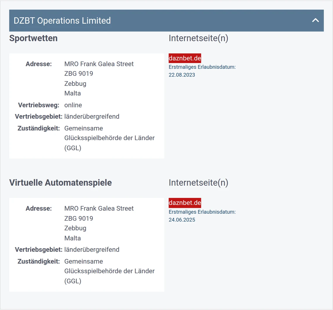 Eintrag von daznbet.de in der Whitelist der GGL: DZBT Operations Limited, Kategorie Sportwetten