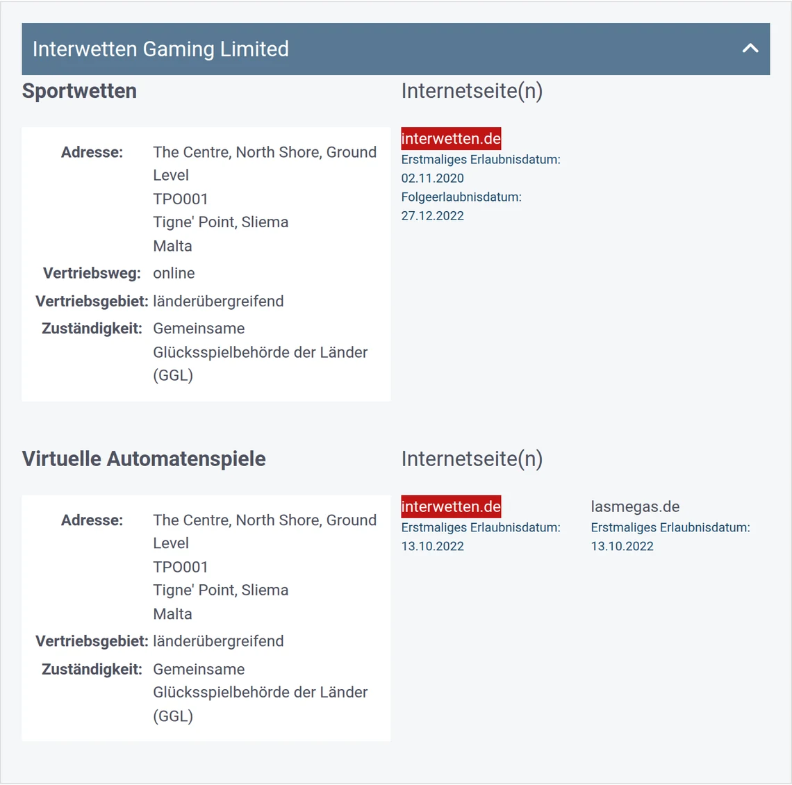Eintrag von interwetten.de in der Whitelist der GGL: Interwetten Gaming Limited, Kategorie Sportwetten