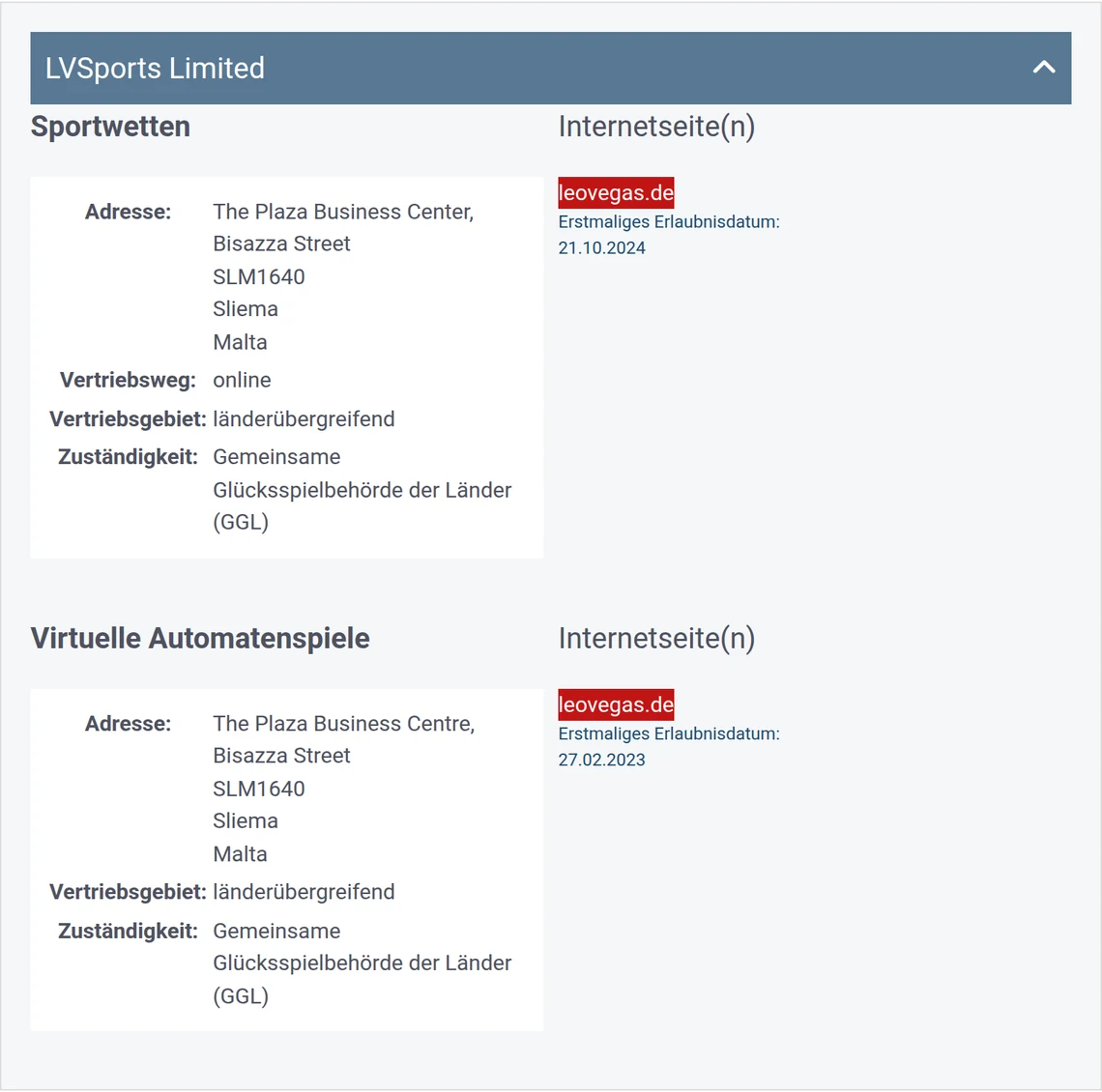 Eintrag von leovegas.de in der Whitelist der GGL: LVSports Limited, Kategorie Sportwetten