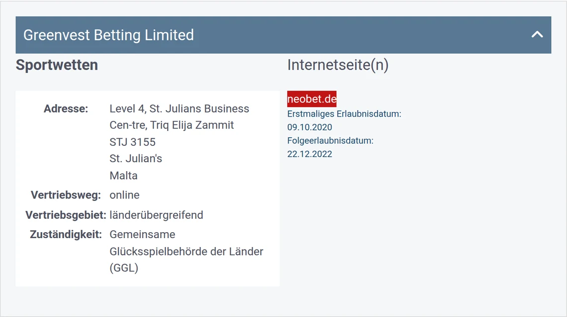 Eintrag von neobet.de in der Whitelist der GGL: Greenvest Betting Limited, Kategorie Sportwetten