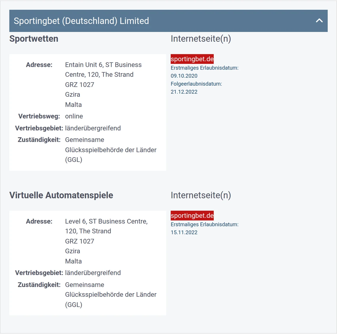 Eintrag von sportingbet.de in der Whitelist der GGL: Sportingbet (Deutschland) Limited, Kategorie Sportwetten