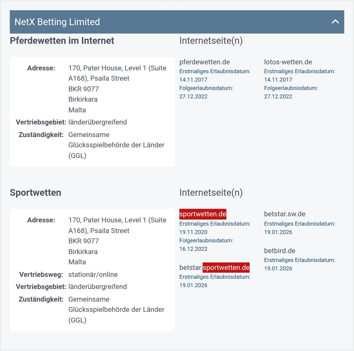 Eintrag von sportwetten.de in der Whitelist der GGL: NetX Betting Limited, Kategorie Sportwetten