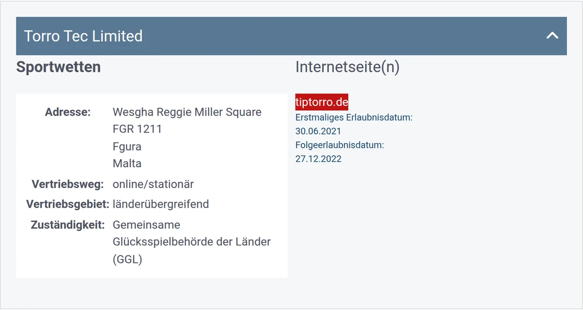 Eintrag von tiptorro.de in der Whitelist der GGL: Torro Tec Limited, Kategorie Sportwetten