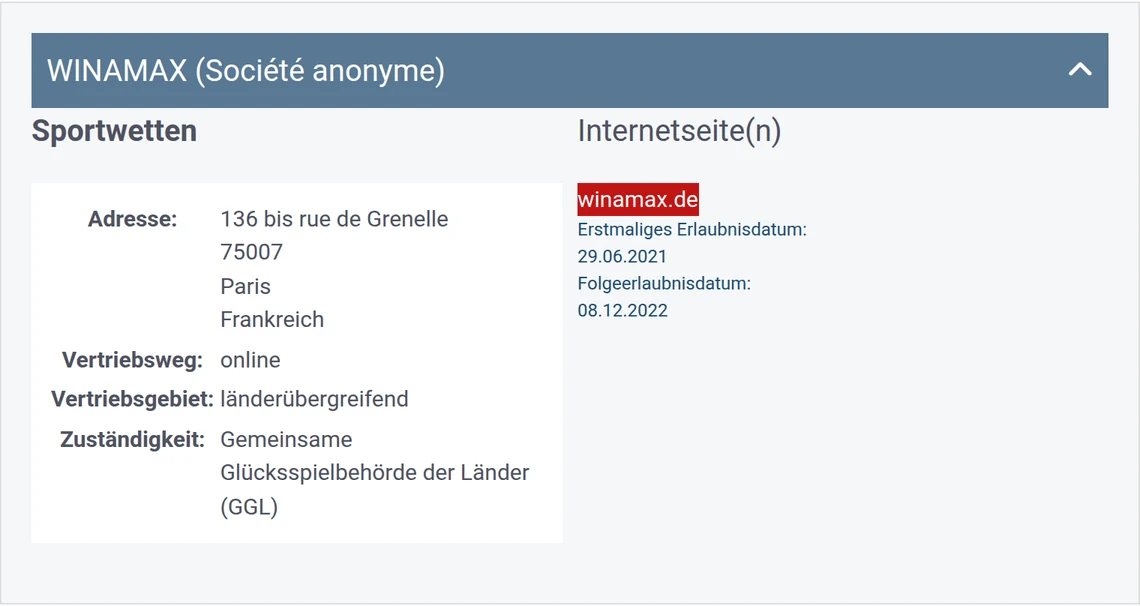 Eintrag von winamax.de in der Whitelist der GGL: WINAMAX (Société anonyme), Kategorie Sportwetten