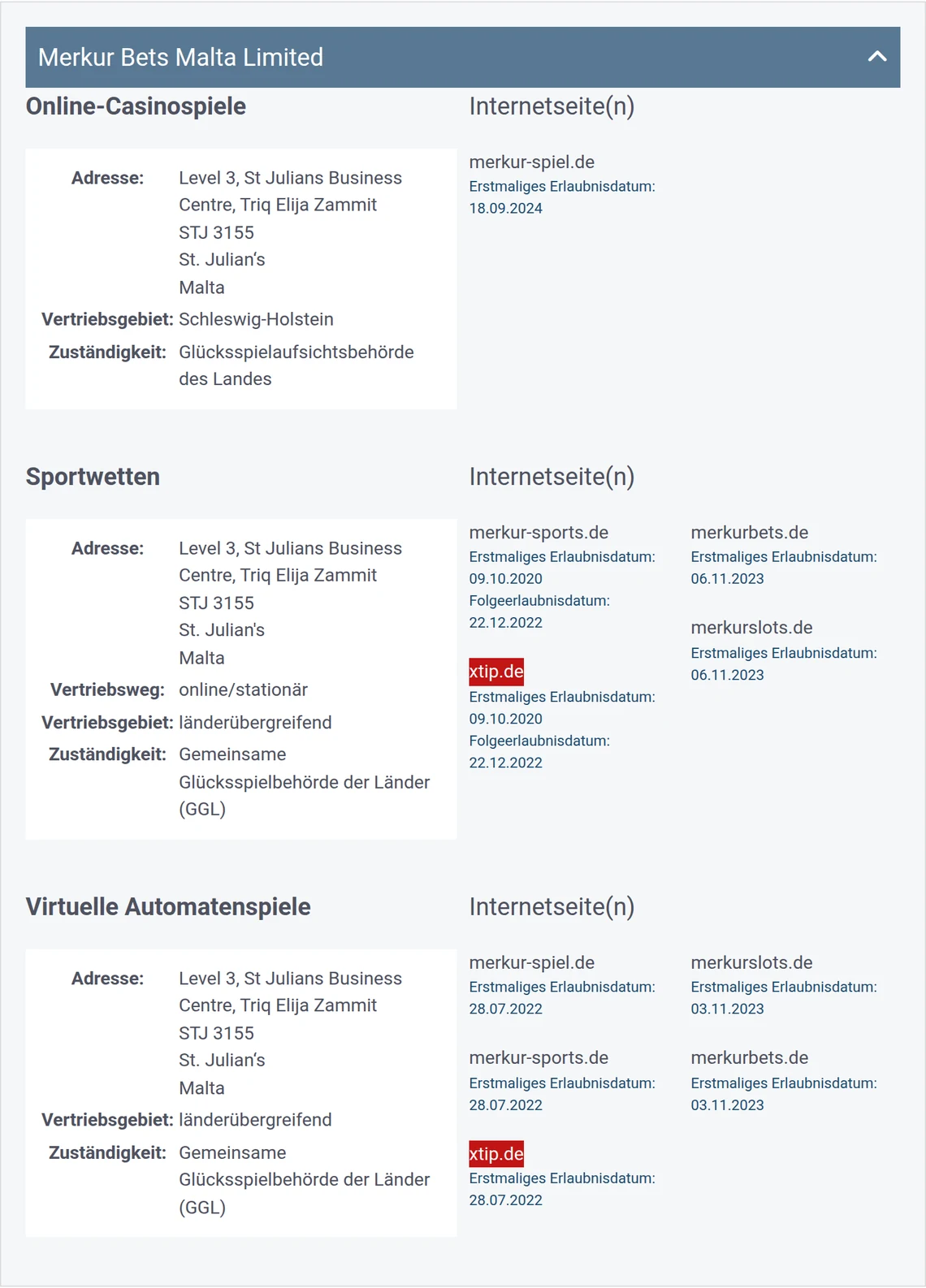 Eintrag von xtip.de in der Whitelist der GGL: Merkur Bets Malta Limited, Kategorie Sportwetten