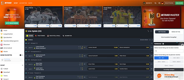 Das Sportwetten Programm auf der Betano Webseite
