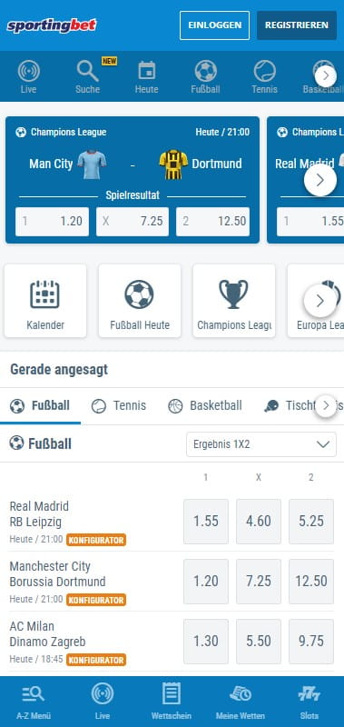 Sportingbet mobile Webseite auf dem Smartphone